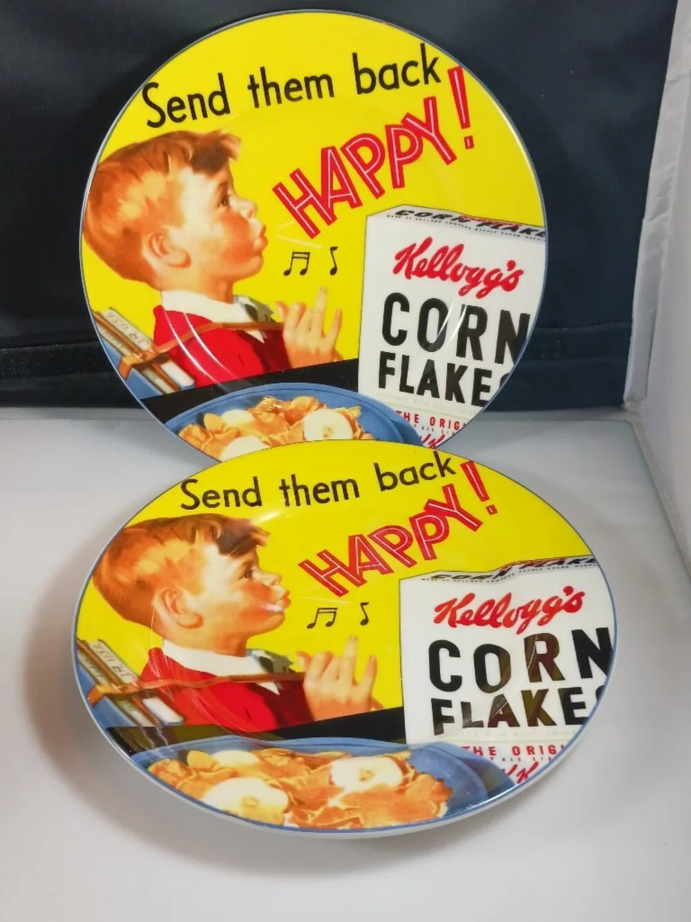 2 Collectible Kellogg's Corn Flakes 2005 Plate Send Them Back Happy Boy unique